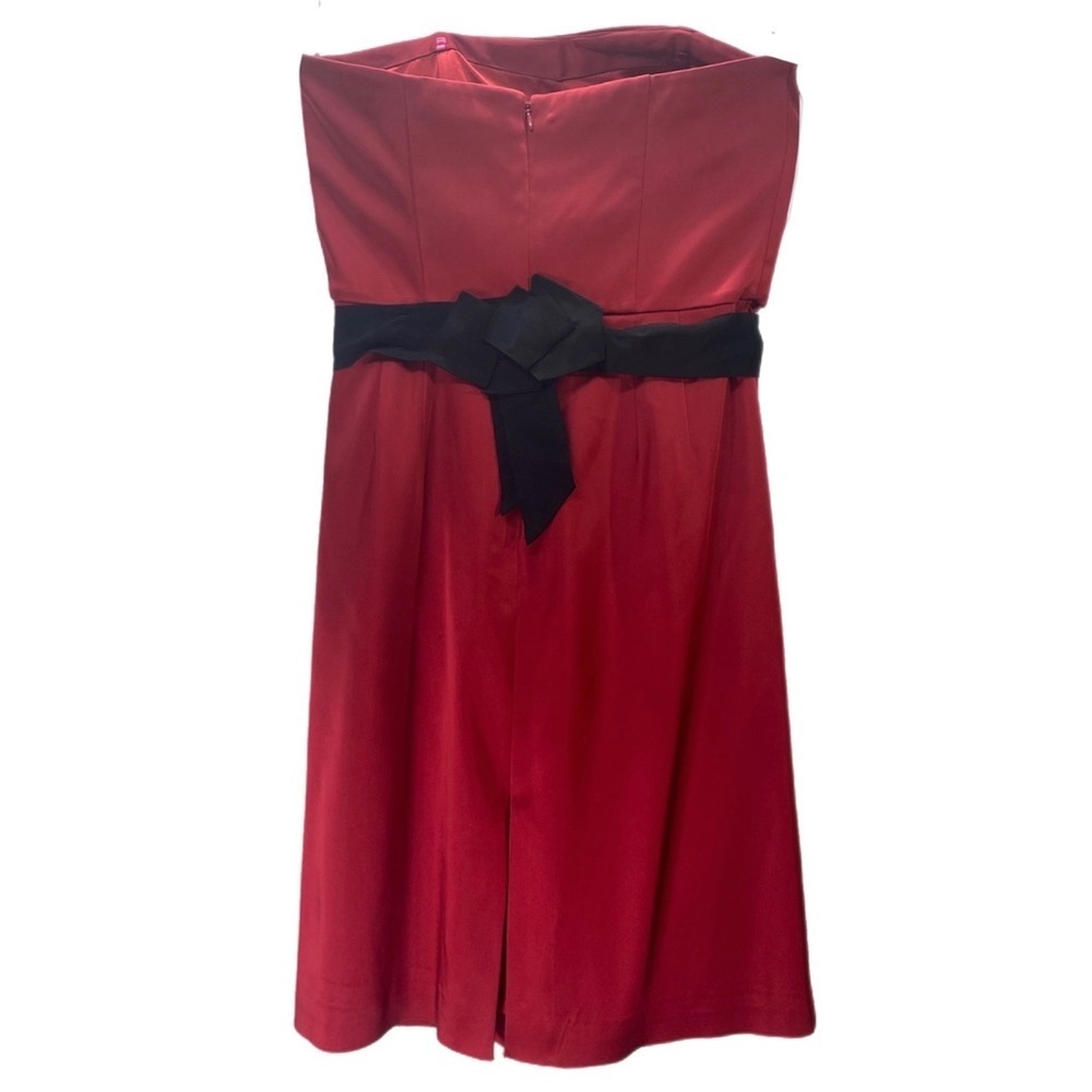 Strapless Red Party Prom Dress Sz 6 Black Sash Short Sexy Pleated Bodice 7” Slit - Picture 5 of 11